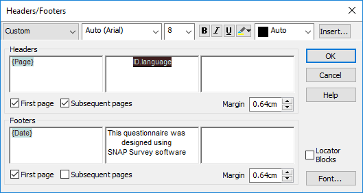 Inserting headers and footers for the questionnaire pages