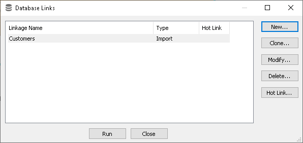 Database links dialog showing an import link