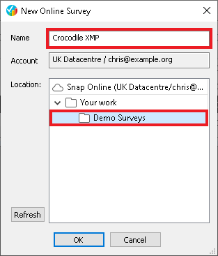 Enter the survey details in the New Online Survey dialog