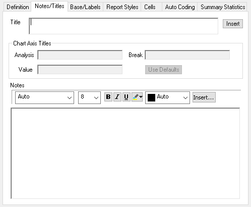 Notes and Titles tab in the Analysis definition dialog