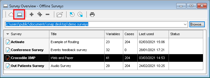 Survey overview window showing the offline surveys