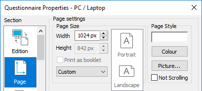 Setting the screen or page size in the questionnaire properties