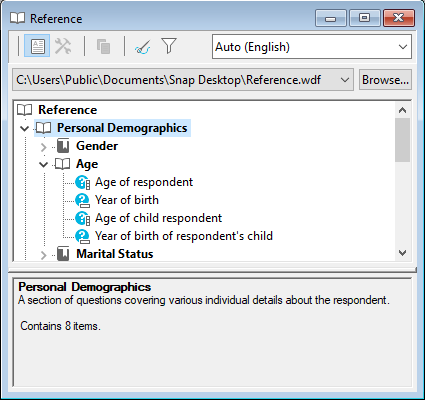 Viewing the demographics questions available in the Reference SurveyPak