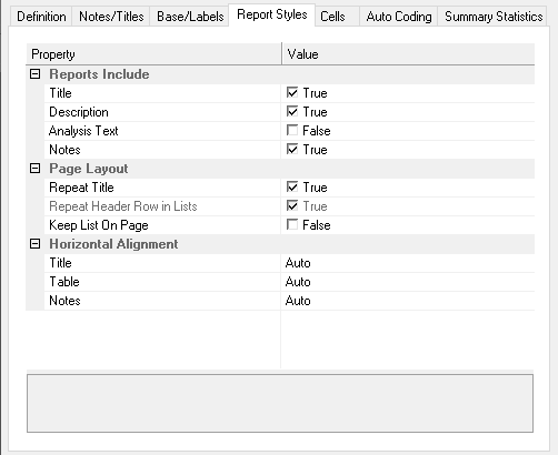 Report styles tab in the Analysis definition dialog
