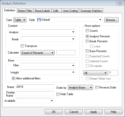 Definition tab in the Analysis definition dialog