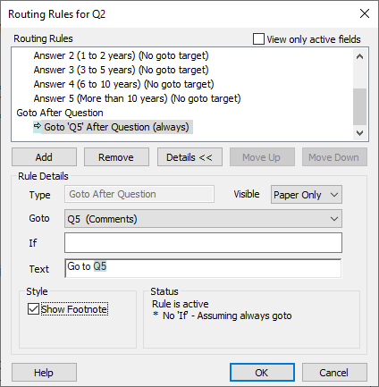 Routing rules dialog showing routing for different question answers