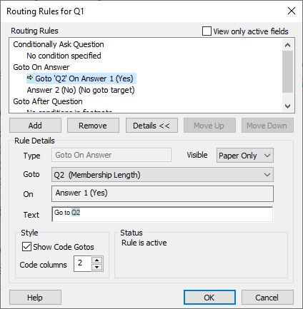 Routing rules dialog showing Goto On answer routing