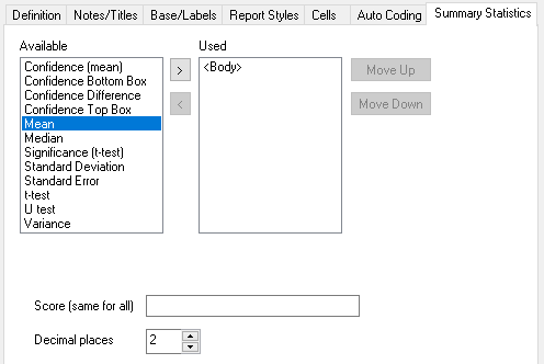 Summary Statistics tab in the Analysis definition dialog