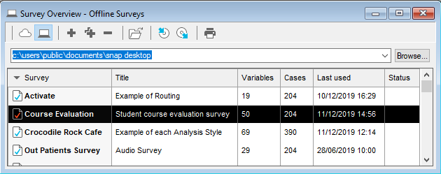 Survey overview window showing the offline surveys