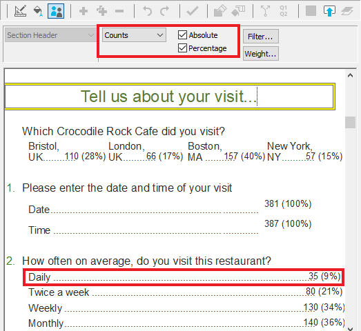 Example of a top line analysis showing counts and percentages