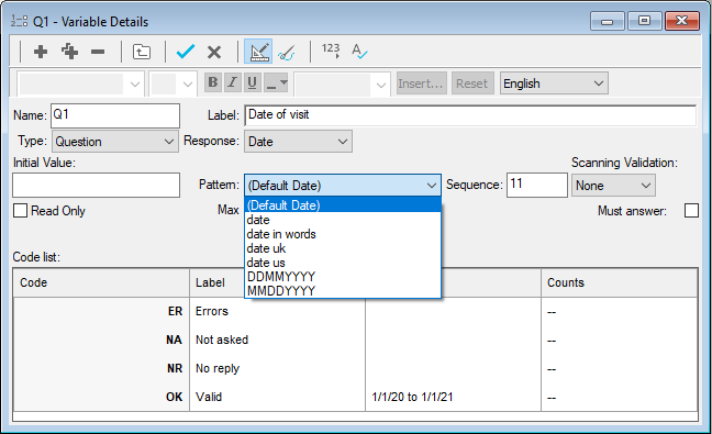 Setting a pattern for a question in the Variable Details window