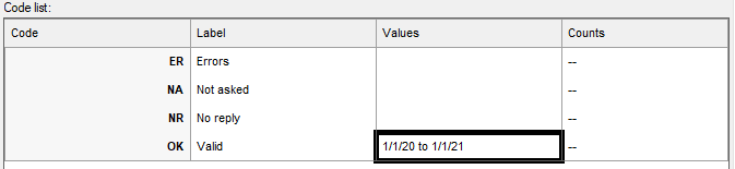Entering a valid date range in the Variable Details window