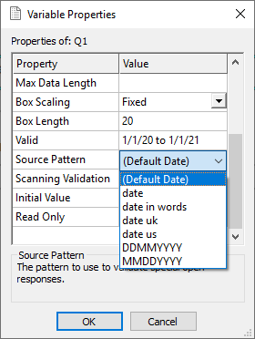 Setting a pattern for a question in the Variable Properties dialog