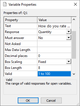 Setting a valid range using the variable properties dialog