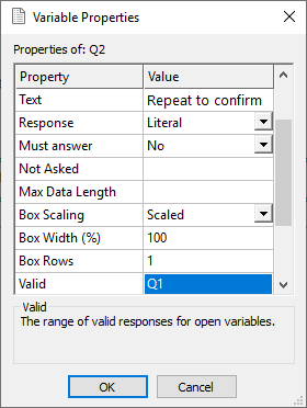 Setting a valid range using the variable properties dialog