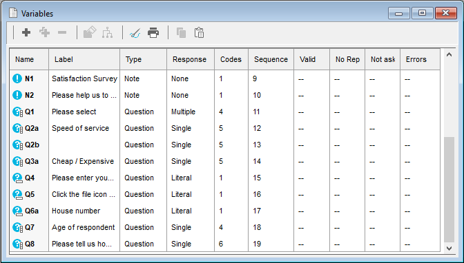 Variables window showing the list of variables in the survey