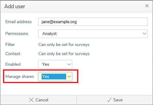 Setting the manage shares flag when adding a user