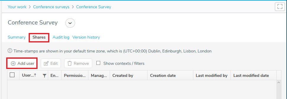 Shares tab showing the users that share the selected survey