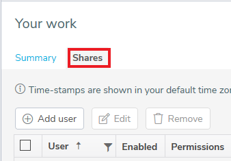 Shares tab for the Your work folder