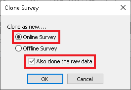 Clone survey dialog with red boxes highlighting Online Survey and Also clone the raw data