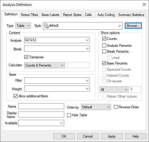 Analysis Definition for a frequency table with a two analysis variables