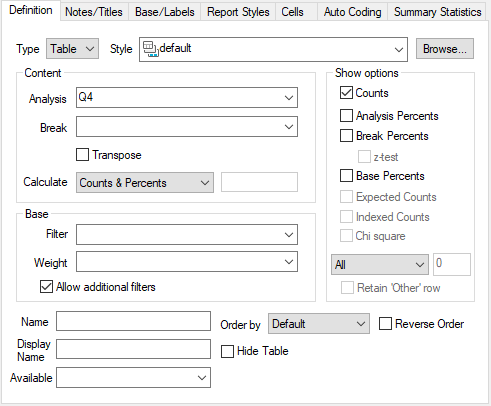 Analysis Definition for a frequency table with a single analysis variable