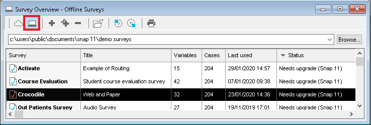 Survey overview window showing the offline surveys