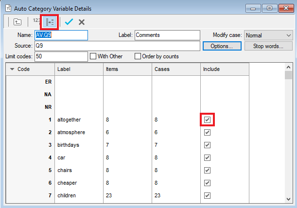 Including codes in the Auto Category variable details
