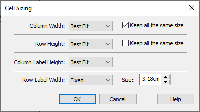 Set the cell sizing in an analysis table