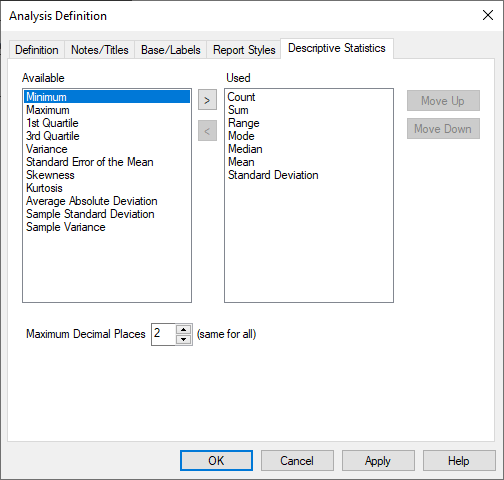 Descriptive Statistics tab in the Analysis definition dialog