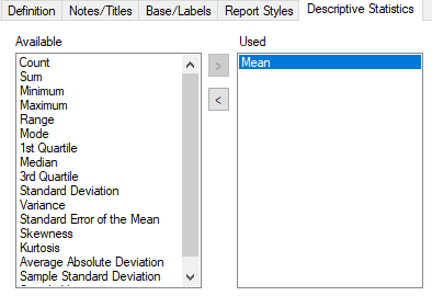 Descriptive Statistics tab in the Analysis definition dialog