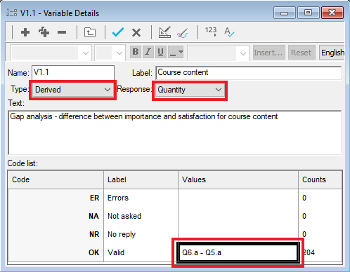 Derived variable calculating the difference between satisfaction and importance