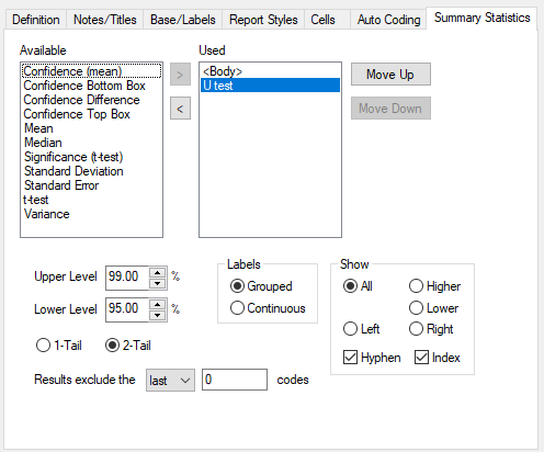 Summary Statistics tab in the Analysis definition dialog