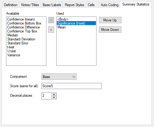 Summary Statistics tab in the Analysis definition dialog