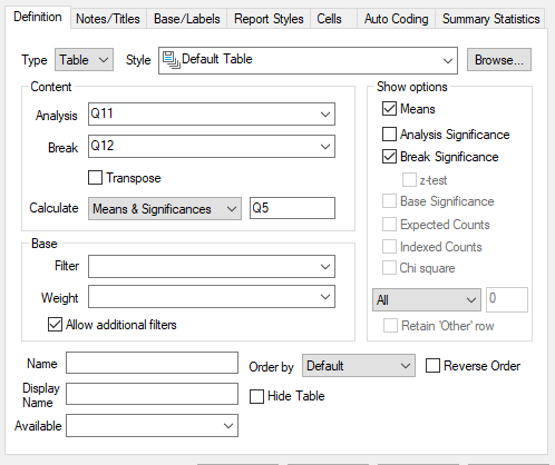 Analysis Definition showing mean values