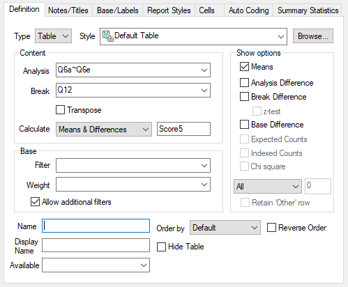 Analysis Definition for a table