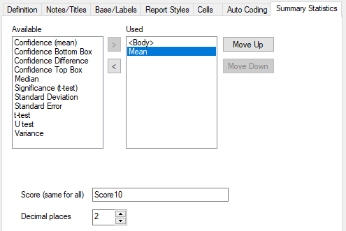 Summary Statistics tab in the Analysis definition dialog