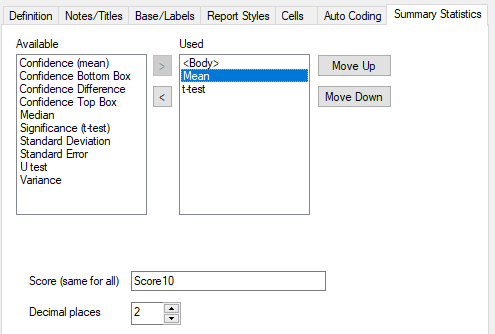 Summary Statistics tab in the Analysis definition dialog