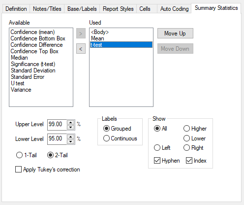 Summary Statistics tab in the Analysis definition dialog