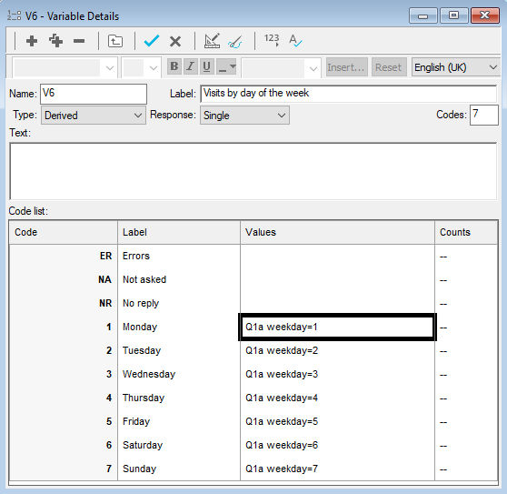 Variable used to categorise time by day of the week