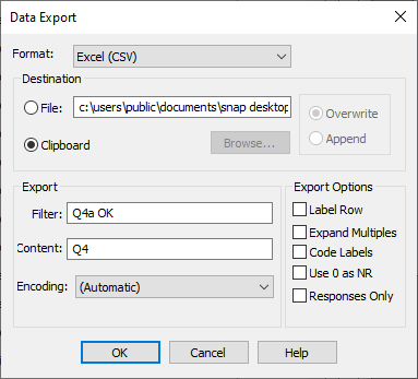 Data export dialog used to export comments