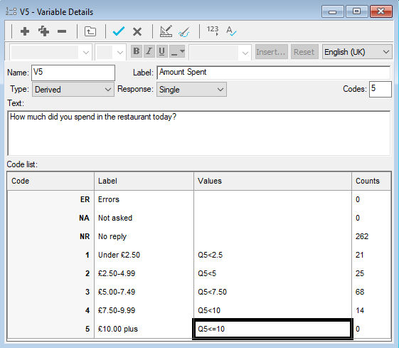 Variable showing amount spent