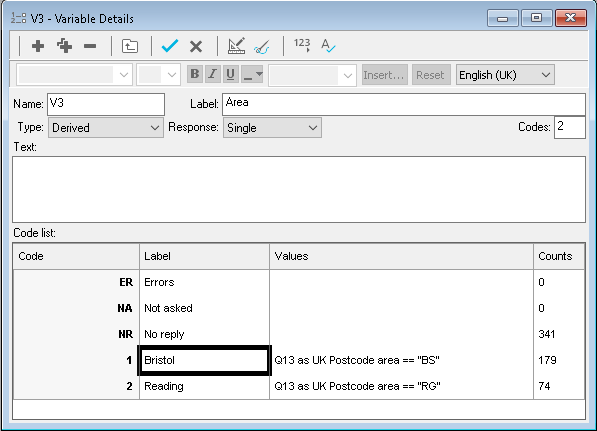 Derived variable categorizing postcodes by postal area