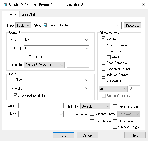 Results Definition dialog used to add a table, chart, list, word cloud or map to the report
