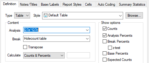 Analysis Definition showing a holecount table for a semantic scale question