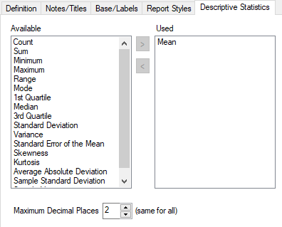 Descriptive Statistics tab in the Analysis definition dialog