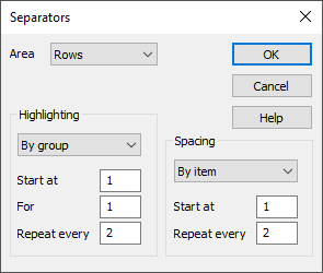 Set the separators in an analysis table