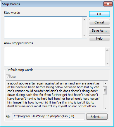 Stop Words dialog