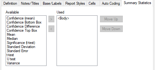 Summary Statistics tab in the Analysis definition dialog