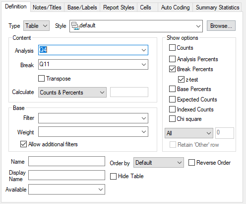 Analysis definition for a table using z-test